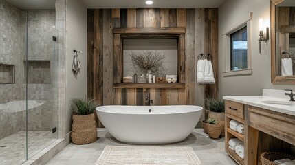 Rustic Farmhouse Bathroom With Freestanding Tub And Wood Accents