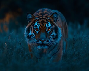 A majestic tiger is staring directly at the viewer