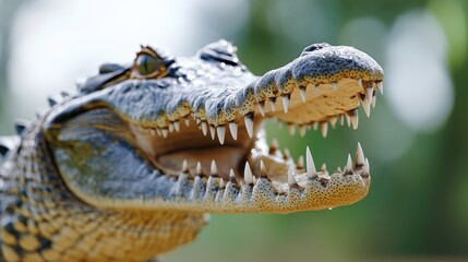 Obraz premium Close-up of a crocodile with its mouth open, showcasing sharp teeth and textured skin, against a blurred green backdrop.