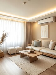 Fototapeta premium The light beige living room with modern design and soft cushions