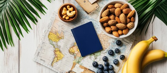 Planning a Healthy Travel Snack With Nuts, Fruit, and a World Map, Emphasizing Organization for Upcoming Adventures in a Vibrant Setting