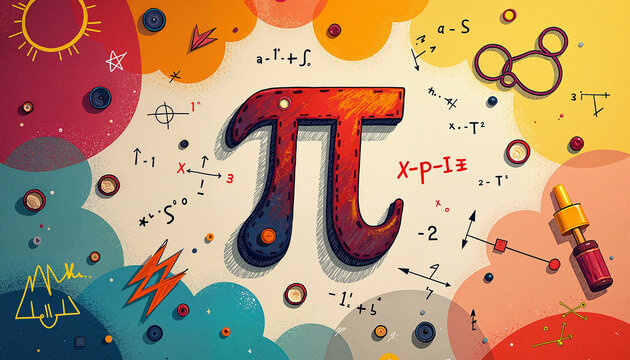A colorful and fun Pi Day poster featuring the Pi symbol, mathematical equations, and geometric graphics. Perfect for classrooms, study spaces, and math celebrations.