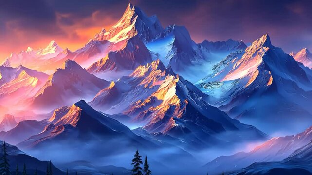 blue snow ice mountain reflecting against sunset light dye in pink hue, nature beauty, cloud and mist drifting around