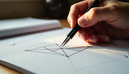 A hand using a geometric compass to draw precise circles on graph paper, representing the foundations of geometry and mathematics, essential for Pi Day themes.
