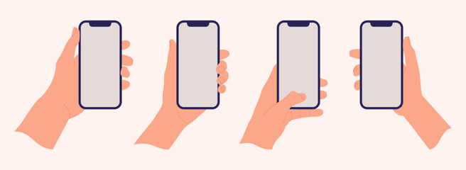 Collection of hands holding phone isolated on white background. Set of hands holding phone in flat style 