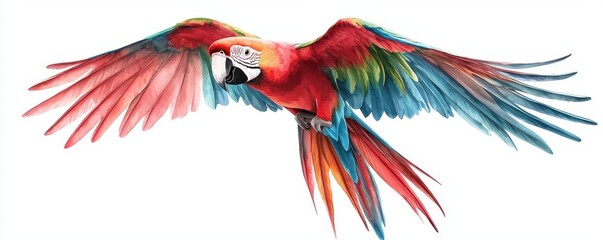 Obraz premium A vibrant red macaw with colorful wings spreads its feathers, showcasing a blend of red, blue, and green in an eye-catching display.