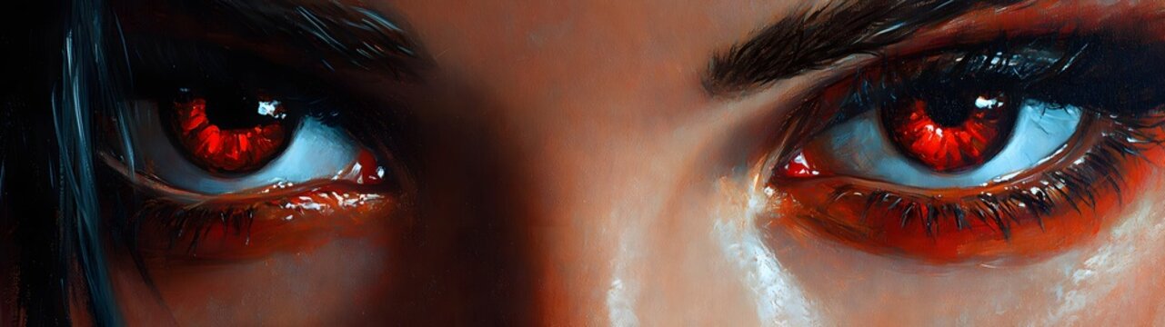 Intense red eyes stare forward with unnerving focus, reflecting an inner fire and enigmatic emotion, rendered with striking detail and captivating artistry.