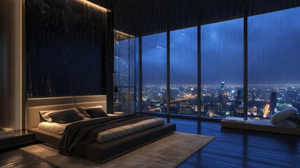 Fototapeta premium Cozy Indoor Retreat With City Skyline View During Rainstorm at Night Creating a Serene Atmosphere