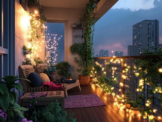 Beautiful decorated balcony lit by warm lights during the night