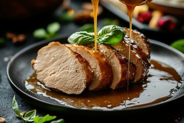 Turkey Gravy. Pouring Tasty American Turkey Gravy onto Sliced Meat on Plate with Basil Garnish, against Brown Background