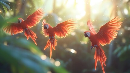 Scarlet Macaws in flight, jungle sunset, nature