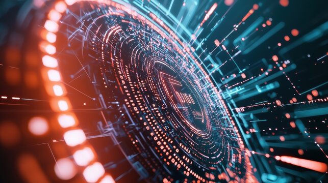 A glowing digital shield made of binary code and encrypted data streams, hovering over a futuristic cybersecurity network, symbolizing data protection