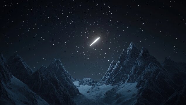 A small white unidentified flying object (UFO) flying over the mountains at night, against a starry sky