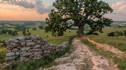 Sunset view, hilltop stone path, prairie, tree