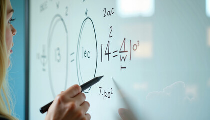 A close-up of a student solving mathematical equations on a glass board, emphasizing active learning and problem-solving during Pi Day celebrations.
