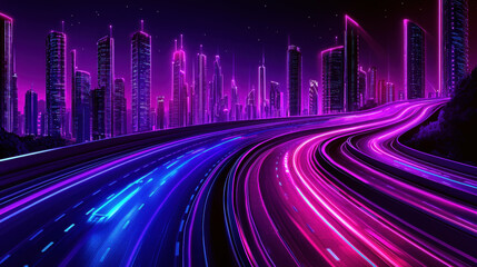 Retro Future Cityscape. Neon cityscape with vibrant lights and winding roads at night.