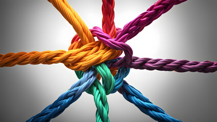 A colorful knot of ropes is tied together