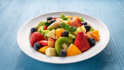 Healthy food in a white plate. fresh fruits salad. Generated image