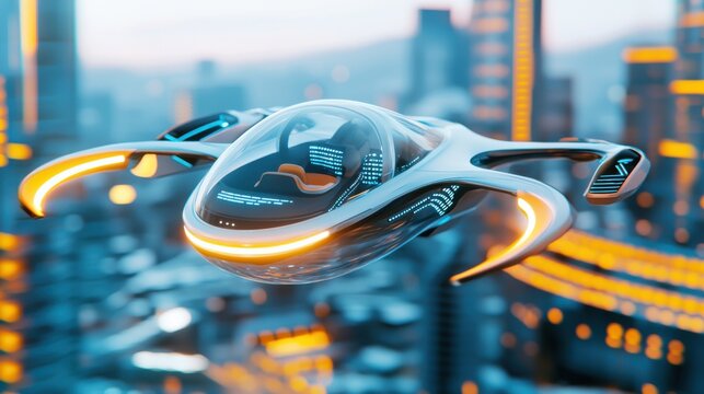 A sleek single passenger anti gravity drone car hovering above a futuristic smart city, featuring a transparent cockpit, voice activated controls