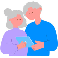 senior couple shopping online on a tablet, comparing deals flat vector illustration