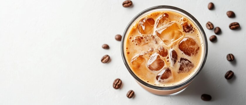 Refreshing iced latte with coffee beans on a clean white background showcasing a cool and inviting beverage in a top down view
