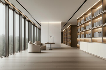 Serene Minimalist Library with Floor to Ceiling Windows