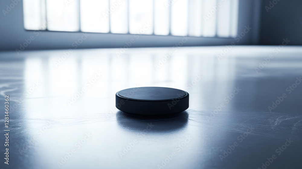 Poster black circular platform resting on glossy marble surface, illuminated by soft window lighting, ideal