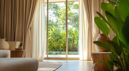 Fototapeta premium Stylish Living Room With Ocean View Showcasing Tropical Design Elements and Natural Light During Daytime