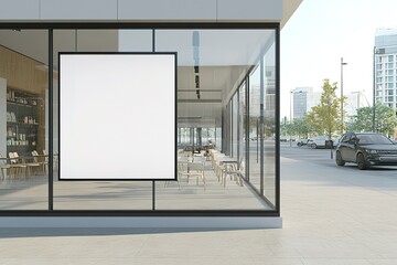 Blank White Sign on Glass Door - Modern Minimalist Retail Store Display, Perfect for Mockups, Branding, Advertising, and Business Signage. Showcase your message with this clean, sleek template. Ideal 