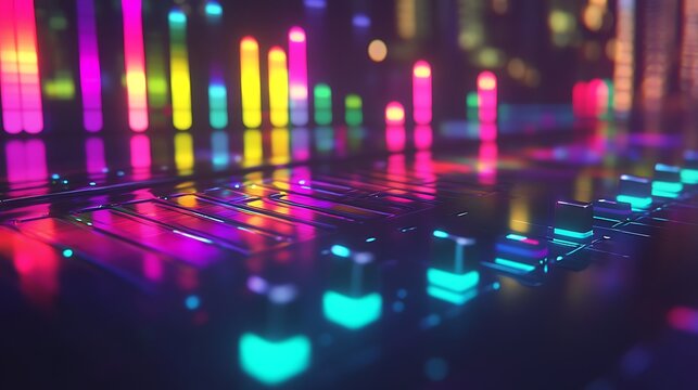 Neon Lights Illuminate Futuristic Audio Mixer Console