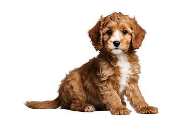 Fototapeta premium A happy Cavapoo puppy with curly fur wagging its tail, isolated on a empty plain background