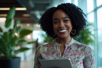A smiling business woman holding a tablet in a modern office