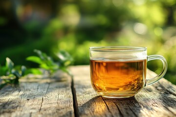 A glass cup of tea sits on a weathered wooden table amidst a blurred green garden backdrop