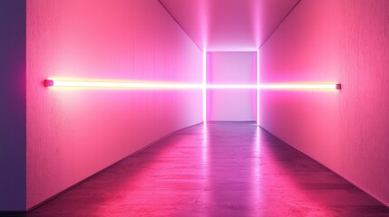 Neon Glow: Pink and Yellow Light Installation in a Modern Corridor