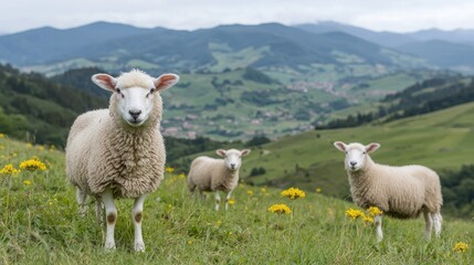 Obraz premium Sheep grazing hillside meadow, mountain view