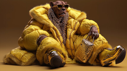 powerful and regal anthropomorphic lioness reclining in a voluminous golden puffer coat with fur trim, accessorized with oversized gemstone-studded sunglasses, multiple layered gold chains, statement 