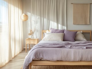 The bedroom features a bed and curtains with light