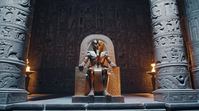 low Motion Ancient Egyptian Pharaoh Sitting Still on His Throne &ndash; Majestic Regal Presence, Ornate Golden Adornments, Hieroglyphic-Inscribed Walls, Serene and Powerful Atmosphere, Timeless Historical