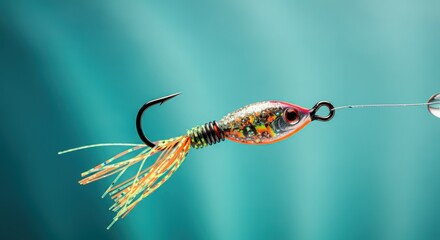 Colorful fishing lure with feather details on blue water background