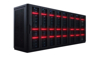 Black computer room chassis, flashing red lights