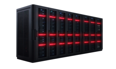 Black computer room chassis, flashing red lights
