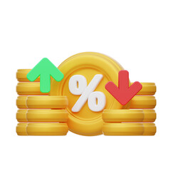 3D Gold coins displaying percentage signs, green up arrow, and red down arrow are suitable for financial concepts, investments, stock market analysis.
