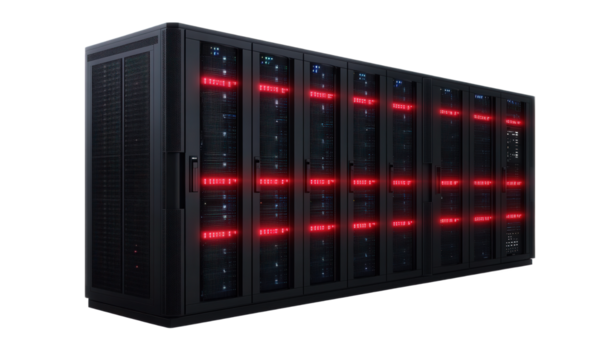 Black computer room chassis, flashing red lights
