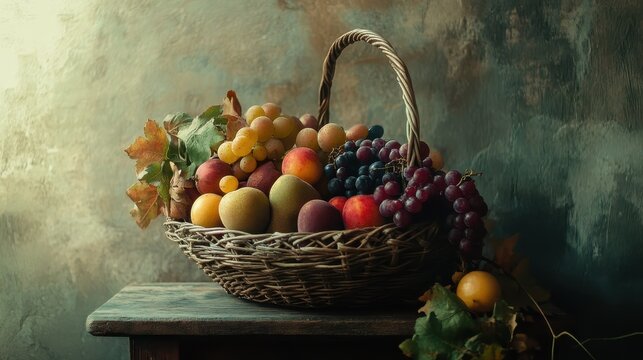 Natural Light Fruit Basket on Wooden Table