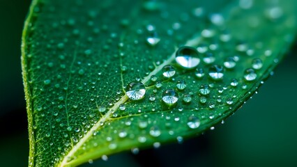 A macro photograph of a leaf showcasing glistening water droplets, capturing the vibrant green and fresh texture, and reflecting the serene beauty of nature.  