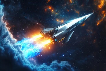 Obraz premium a sleek futuristic spacecraft launching through cosmic clouds illuminated by distant stars with dynamic plasma engines glowing in vibrant blues and oranges