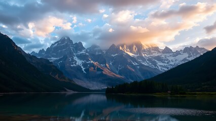 Fototapeta premium A serene mountain landscape at sunrise, with majestic peaks reflecting in a tranquil lake, surrounded by a picturesque wilderness under a dramatic sky. 