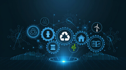 Digital glowing illustration of interconnected eco-icons in gears, representing recycling, renewable energy, and sustainability in a modern technology-driven world