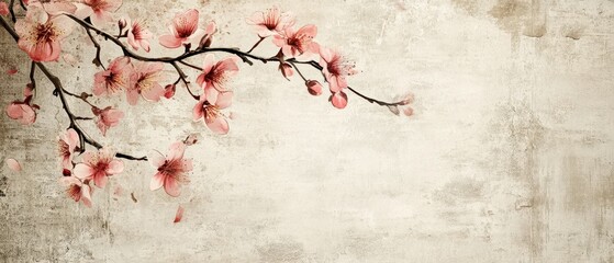 Faded cherry blossoms drifting over an antique Japanese textile print, symbolizing the passage of time