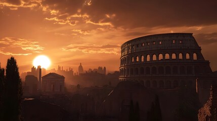 Majestic Colosseum at Sunset in Rome Italy   Iconic Ancient Roman Landmark with Dramatic Golden Sky and Clouds  Historic Archaeological Ruins of the Famous Amphitheater Against Scenic Cityscape